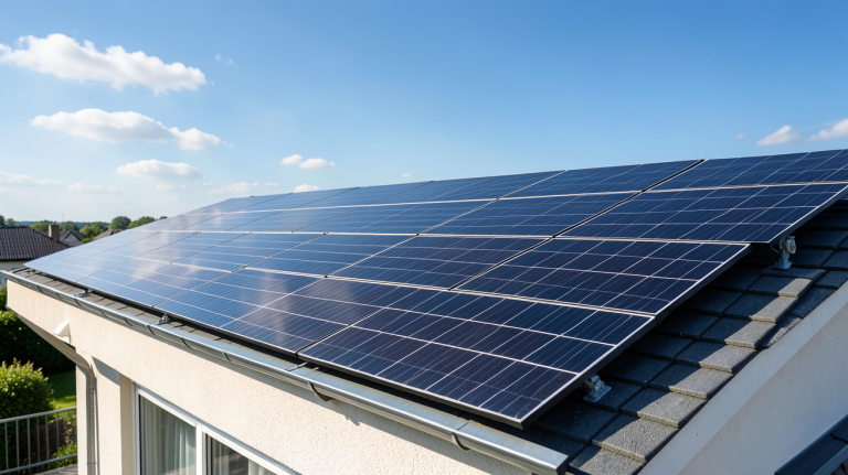 centrale solaire photovoltaïque pour particulier installée sur le toit d'une maison individuelle