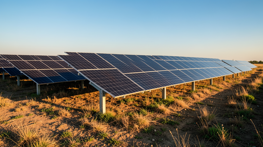 centrale solaire photovoltaïque installée dans un champ ensoleillé avec des panneaux noirs alignés