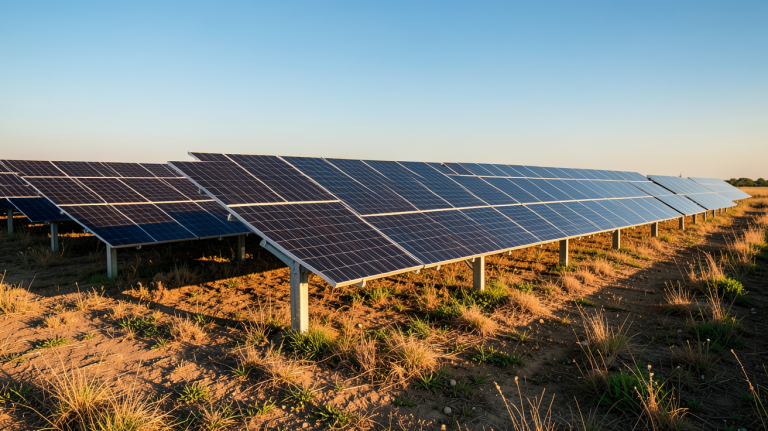 centrale solaire photovoltaïque installée dans un champ ensoleillé avec des panneaux noirs alignés