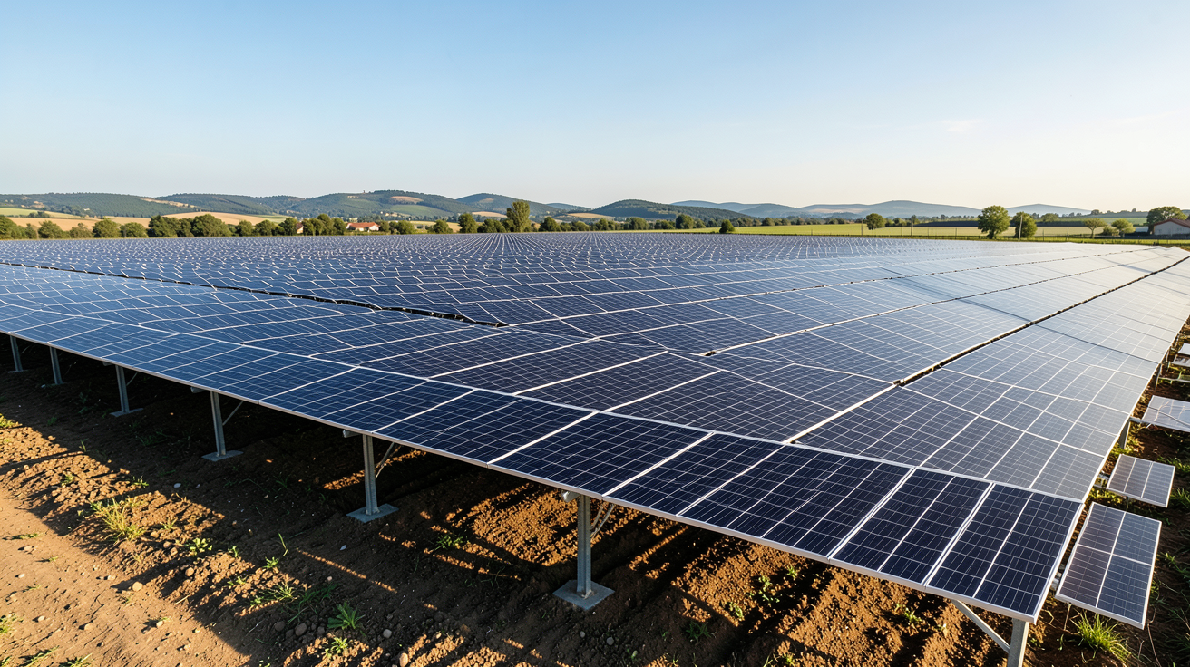 centrale solaire photovoltaïque d'un projet réussi en France avec des panneaux alignés