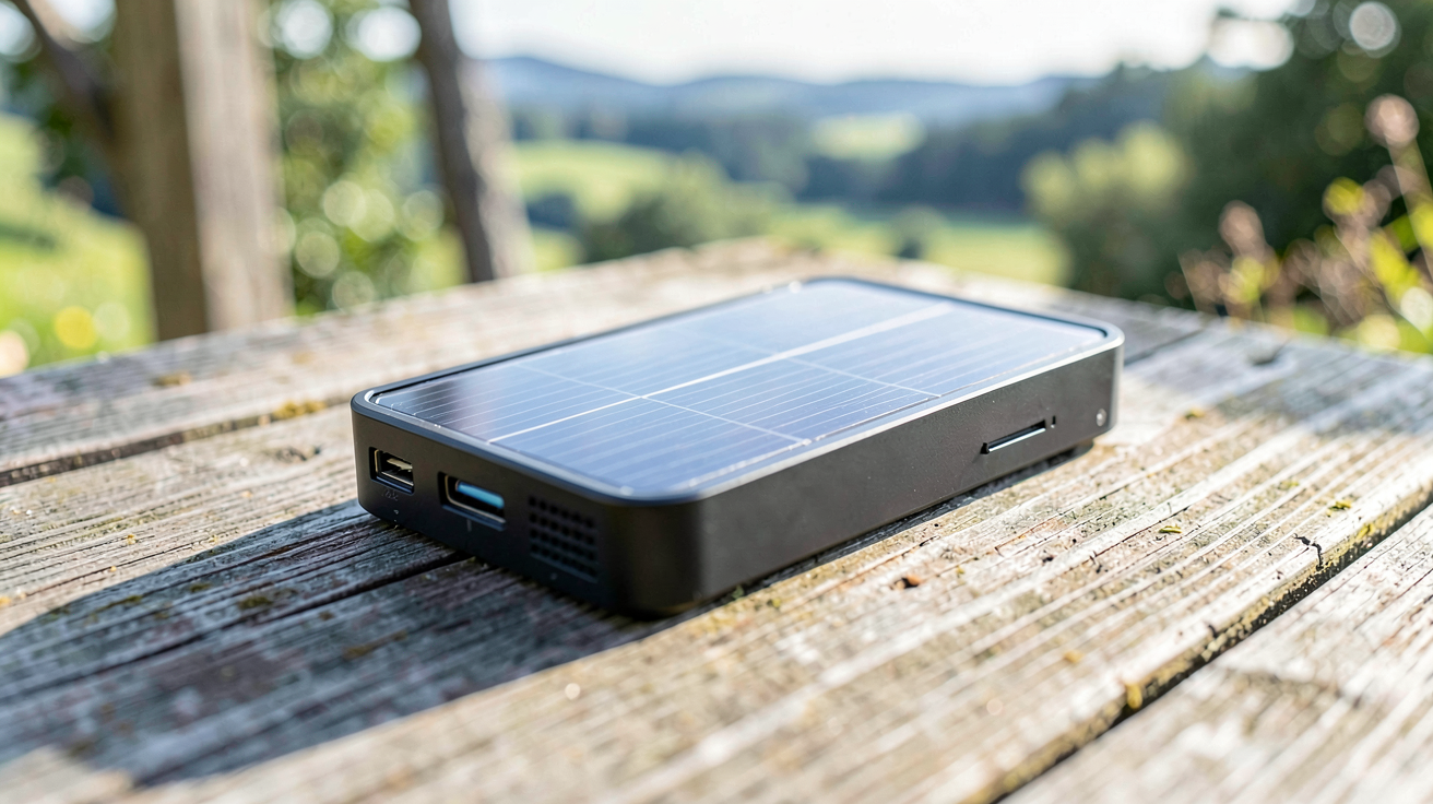 chargeur de piles solaire moderne posé sur une table en bois en extérieur