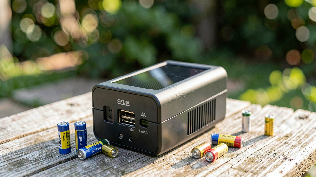 chargeur de piles solaire avec des piles rechargeables de différentes tailles posées à côté, idéal pour choisir un modèle performant