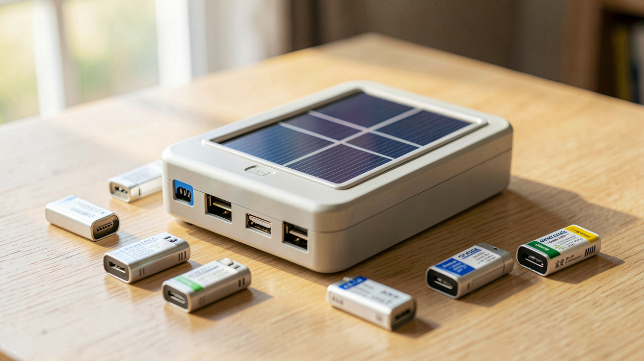 chargeur de piles solaire posé sur une surface en bois avec des piles rechargeables autour, optimisé pour une installation facile