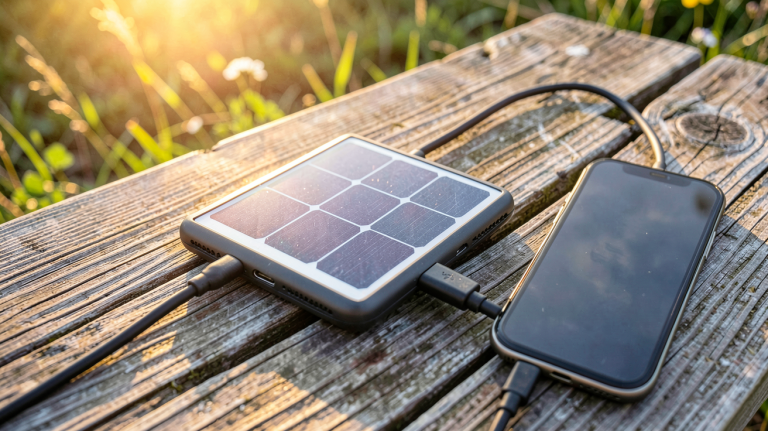 chargeur de portable solaire posé sur une table en bois avec un smartphone en charge, sous un ciel ensoleillé