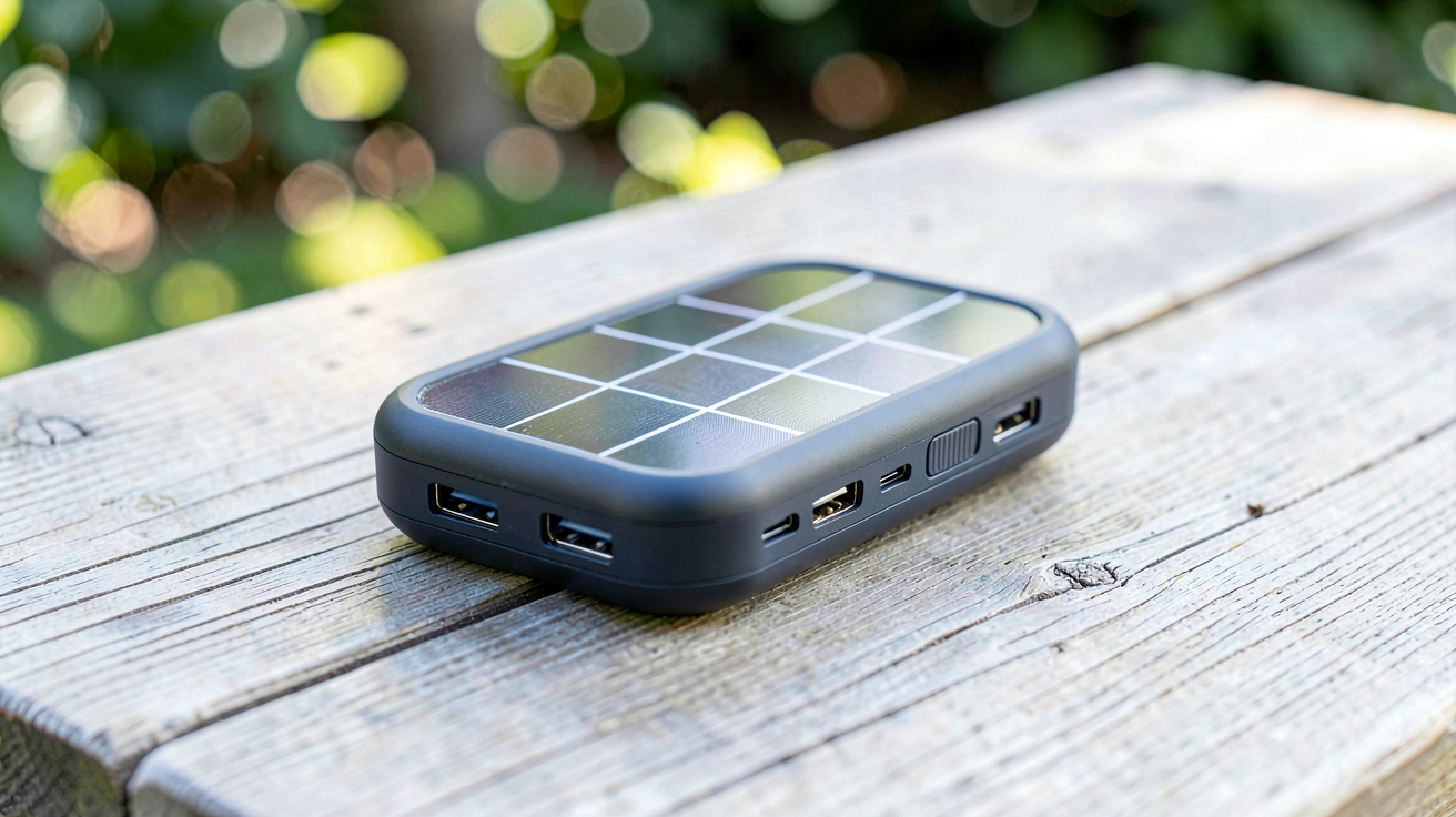 chargeur de portable solaire posé sur une table en bois à l'extérieur, panneaux photovoltaïques visibles, ports USB intégrés