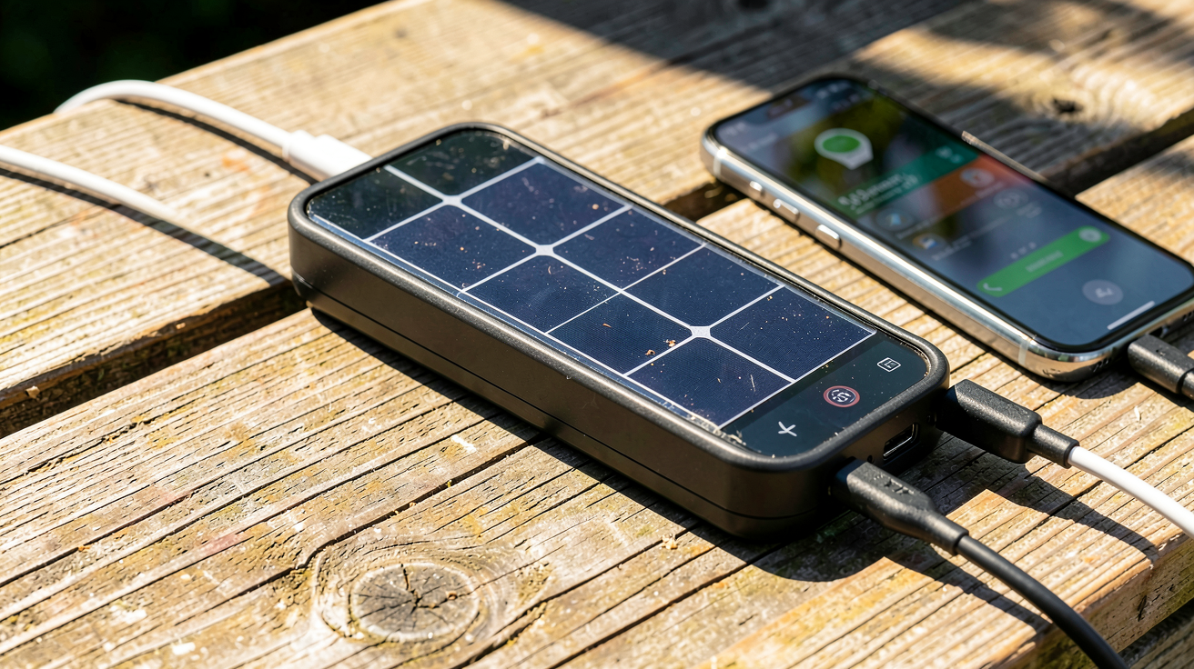 chargeur de portable solaire posé sur une surface en bois avec un smartphone en charge sous le soleil direct