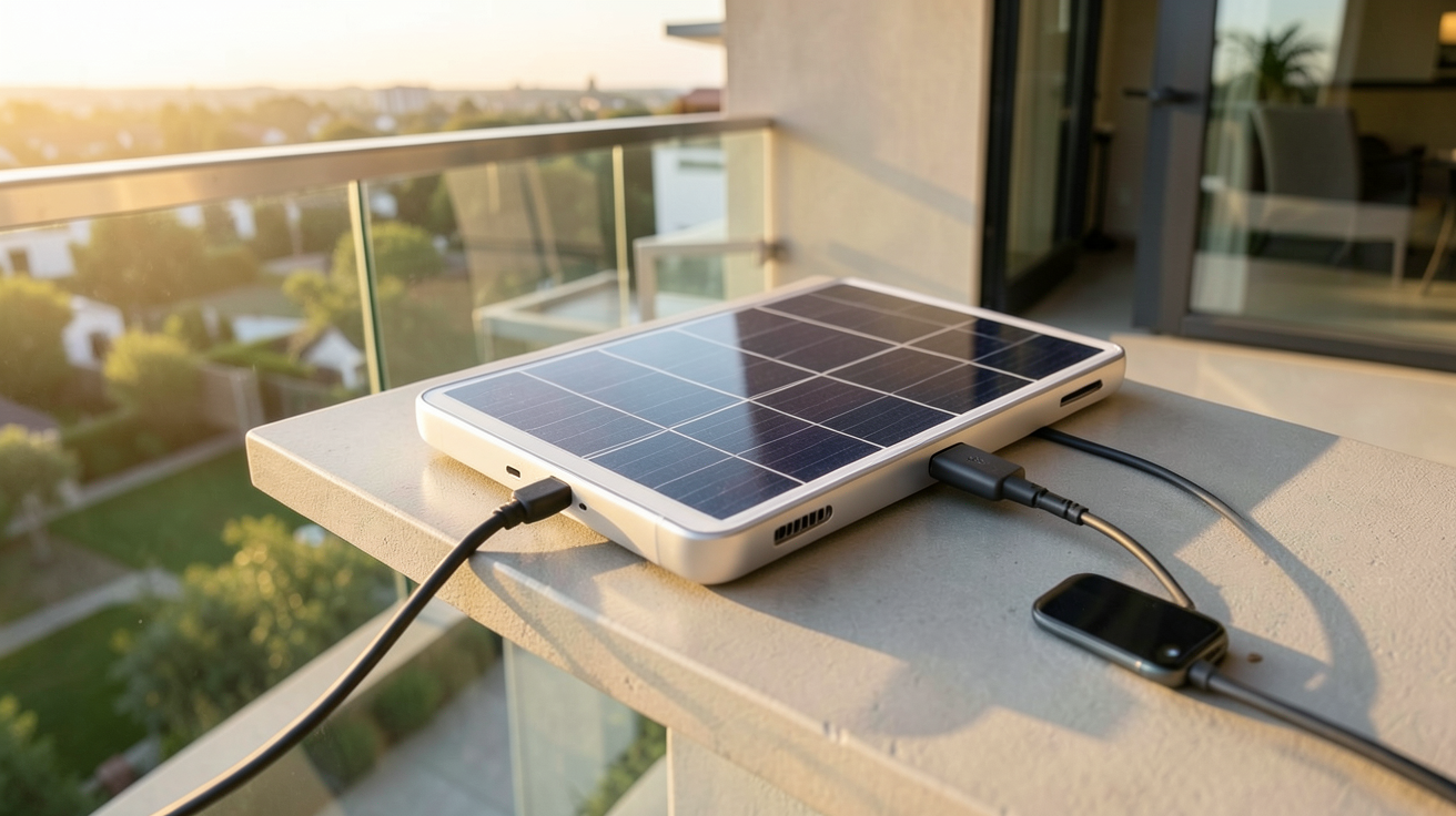 chargeur de téléphone solaire installé sur un balcon ensoleillé d'une maison moderne