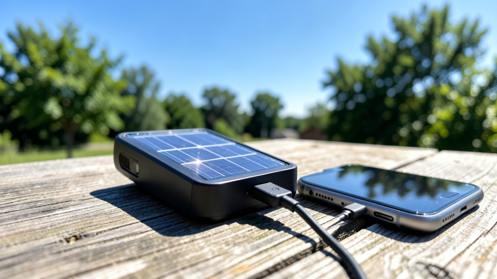 chargeur de téléphone solaire portable posé sur une table en bois avec un smartphone en charge