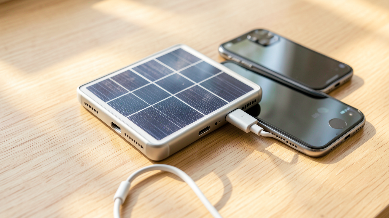 chargeur de téléphone solaire parmi les meilleurs modèles 2024, posé sur une surface en bois avec lumière naturelle