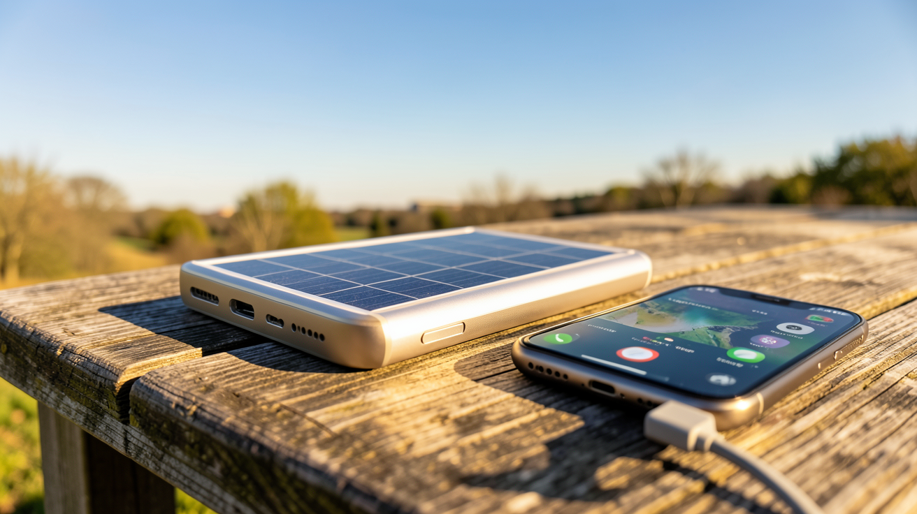 chargeur de téléphone solaire posé sur une table en bois en extérieur, rechargeant un smartphone sous un ciel dégagé