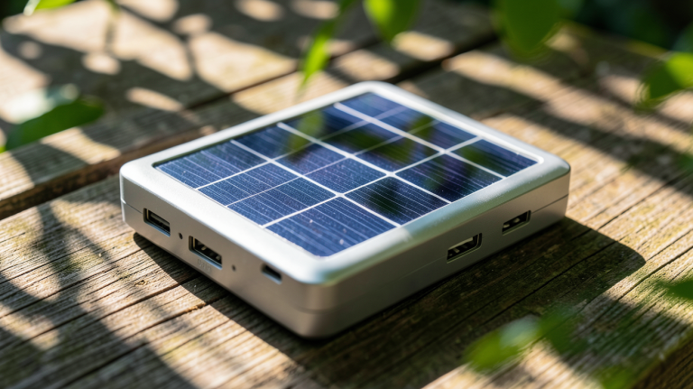 chargeur externe solaire posé sur une surface en bois avec des feuilles en arrière-plan