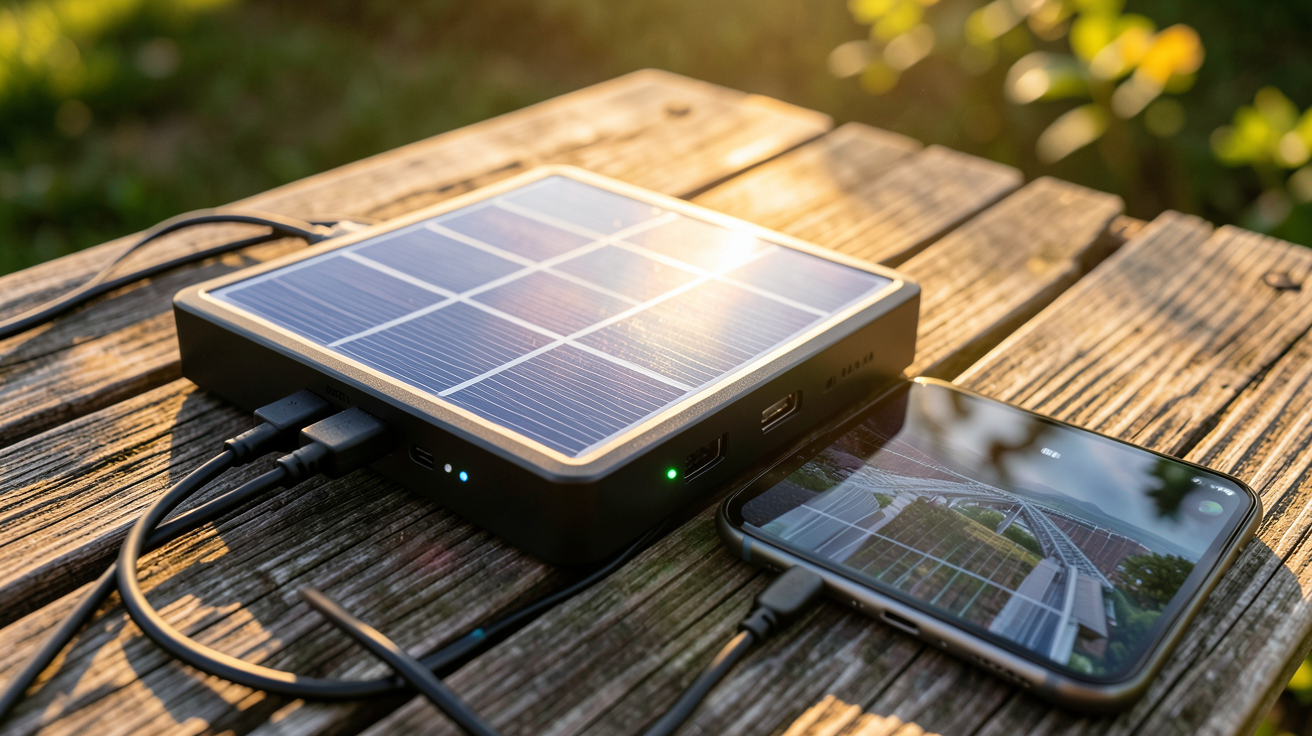 chargeur externe solaire utilisé pour recharger un smartphone à l'extérieur