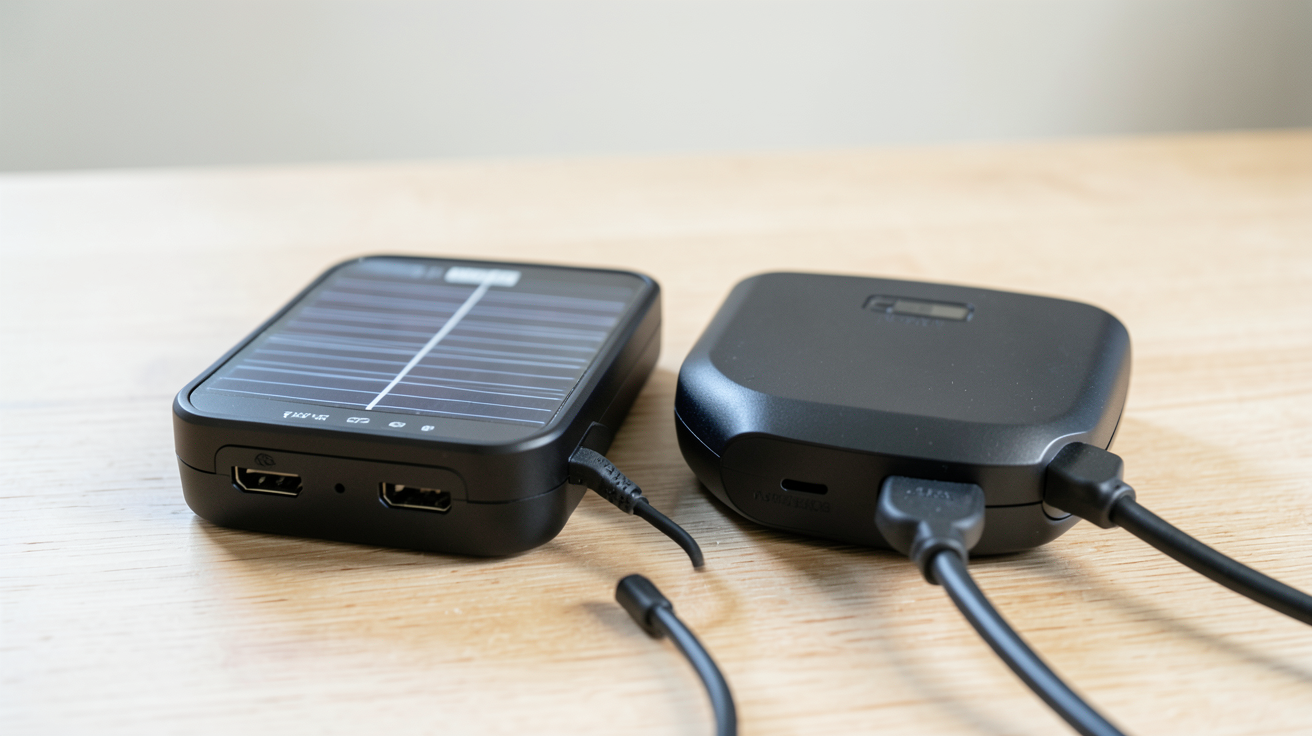 chargeur externe solaire et chargeur électrique posés côte à côte sur une surface en bois clair