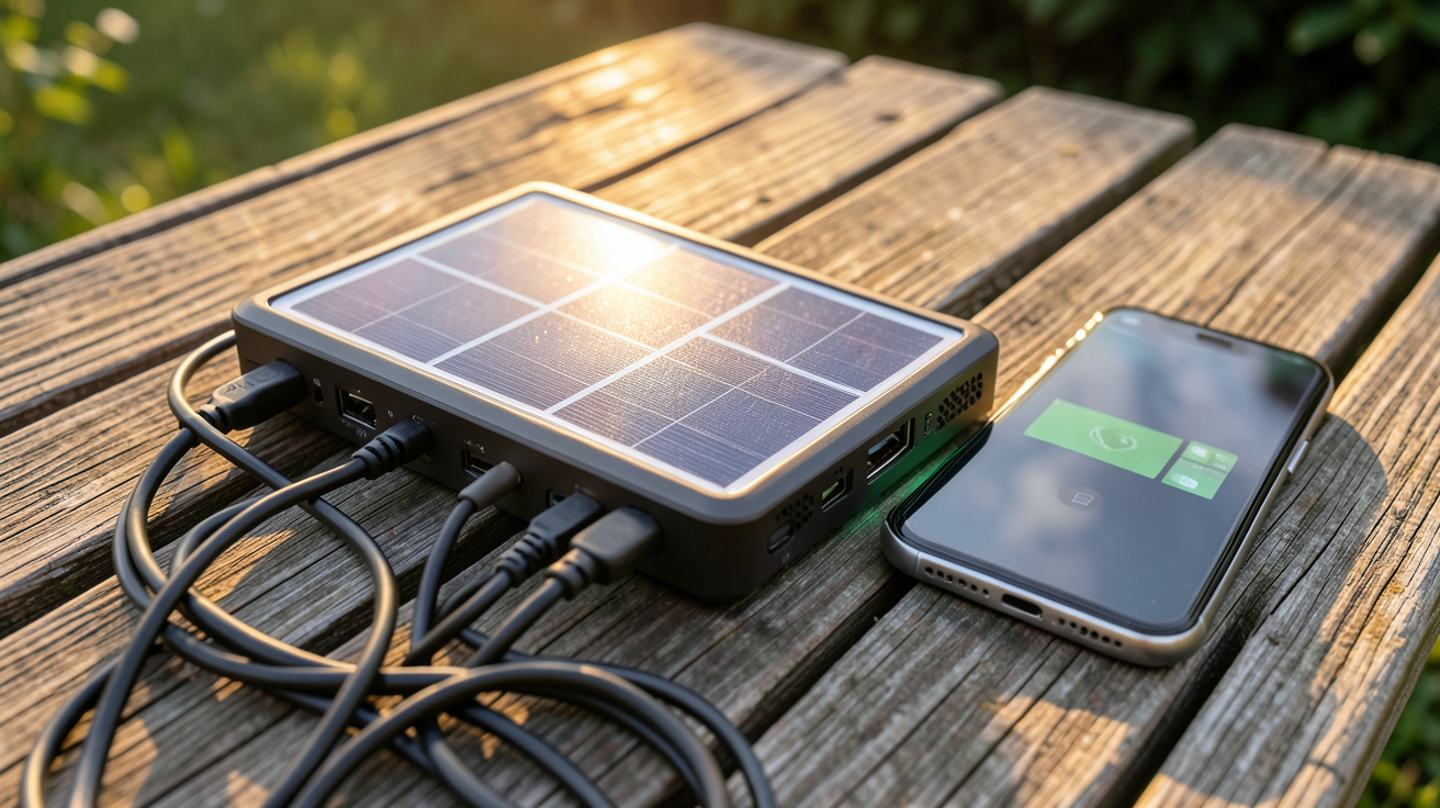 chargeur gsm solaire installé sur une table en bois avec un smartphone en charge, optimisé pour une autonomie maximale