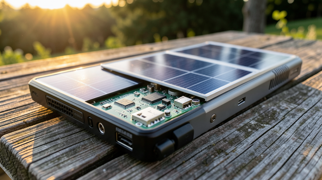 chargeur gsm solaire portable avec panneau photovoltaïque déployé sur une table en bois extérieur