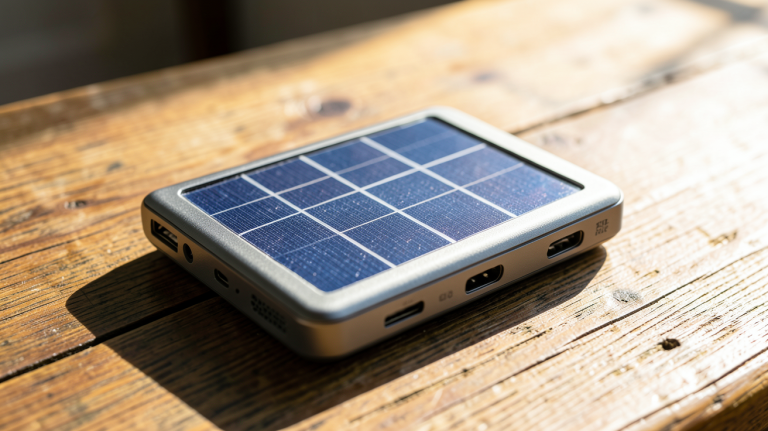 chargeur gsm solaire posé sur une table en plein jour, capturé en haute résolution
