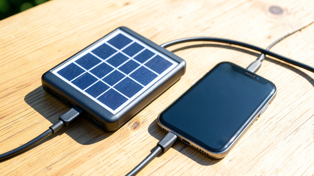 chargeur gsm solaire posé sur une surface en bois avec un smartphone en charge sous la lumière du soleil