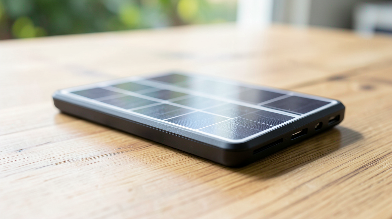 chargeur panneau solaire portable posé sur une surface en bois clair avec des panneaux photovoltaïques étendus