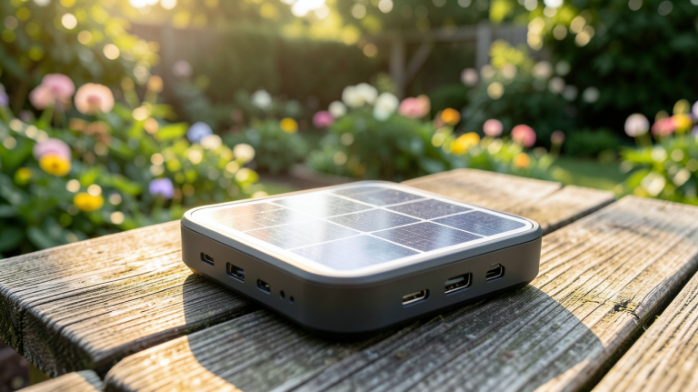 chargeur panneau solaire portable posé sur une table en bois dans un jardin ensoleillé