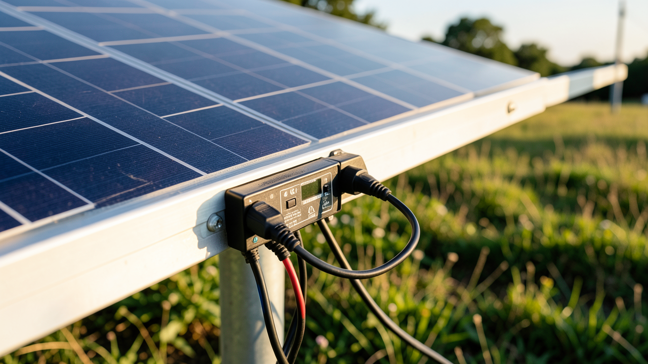 chargeur de panneau solaire connecté à un panneau photovoltaïque en extérieur