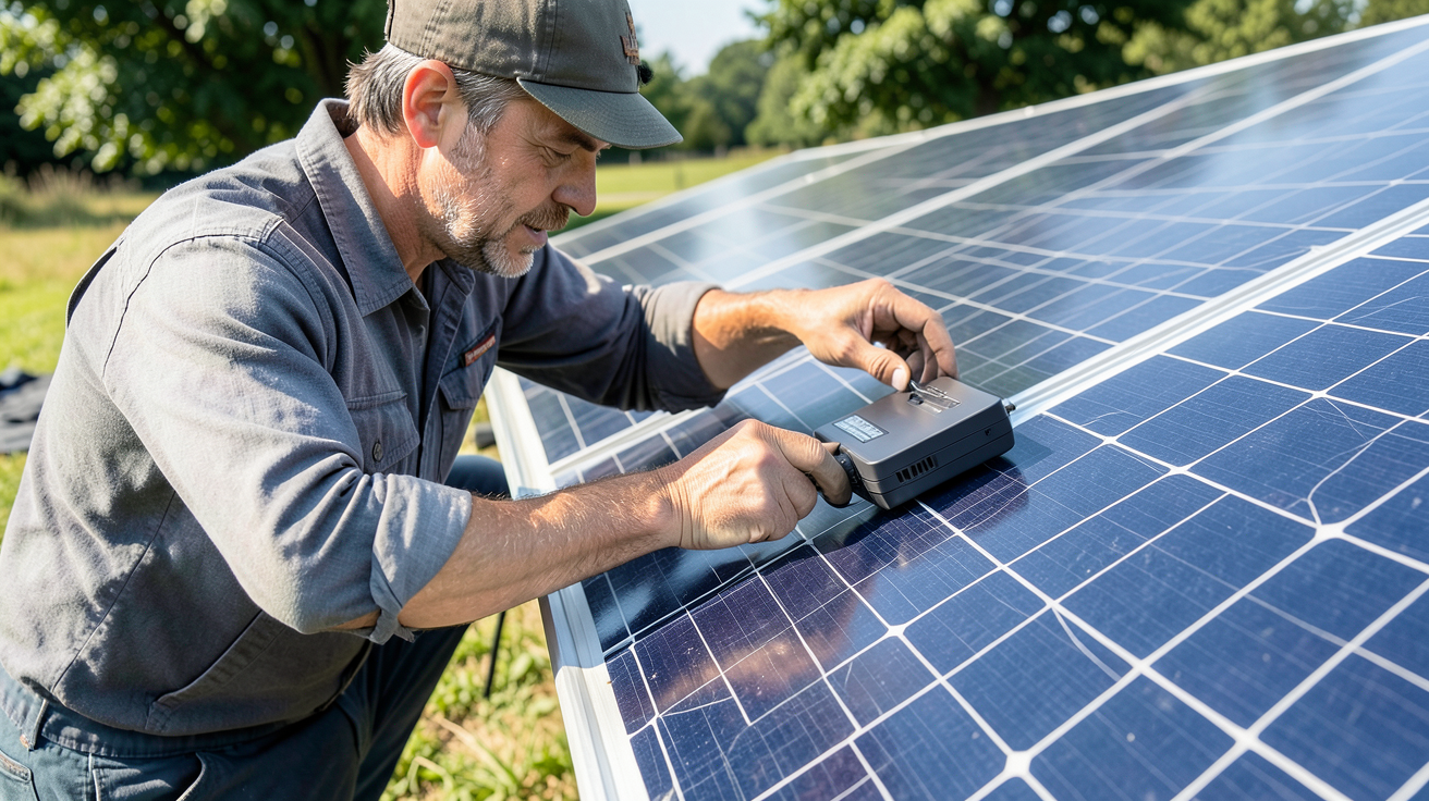 chargeur panneau solaire installation étapes clés technicien en train de connecter un chargeur solaire sur un panneau photovoltaïque