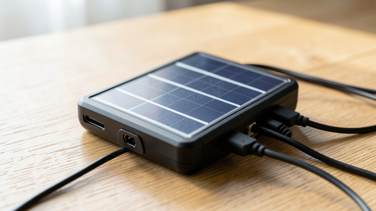 chargeur portable solaire compact avec panneaux solaires déployés sur une surface en bois