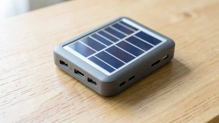 chargeur portable solaire compact posé sur une surface en bois clair