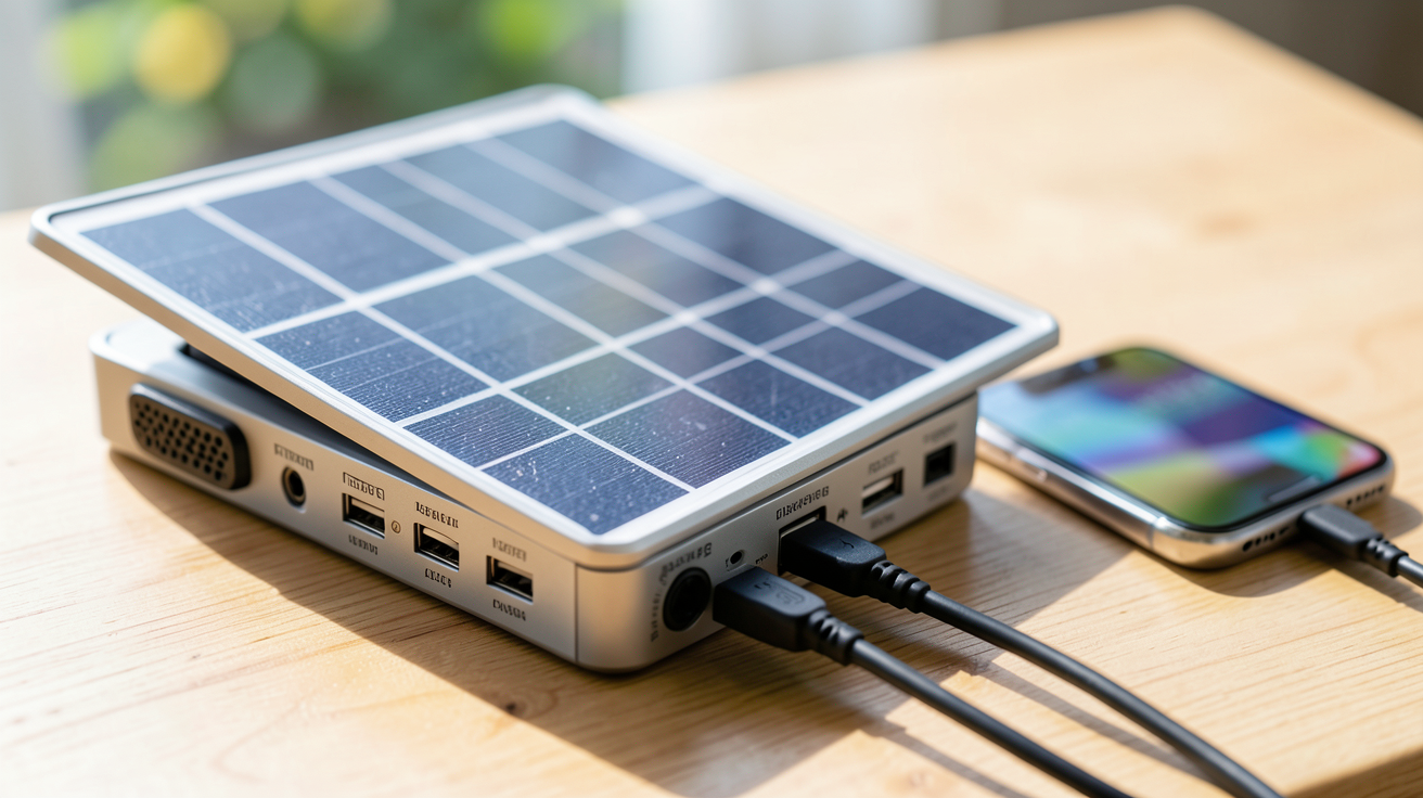 chargeur portable solaire fonctionnant avec des panneaux photovoltaïques déployés sur une surface en bois