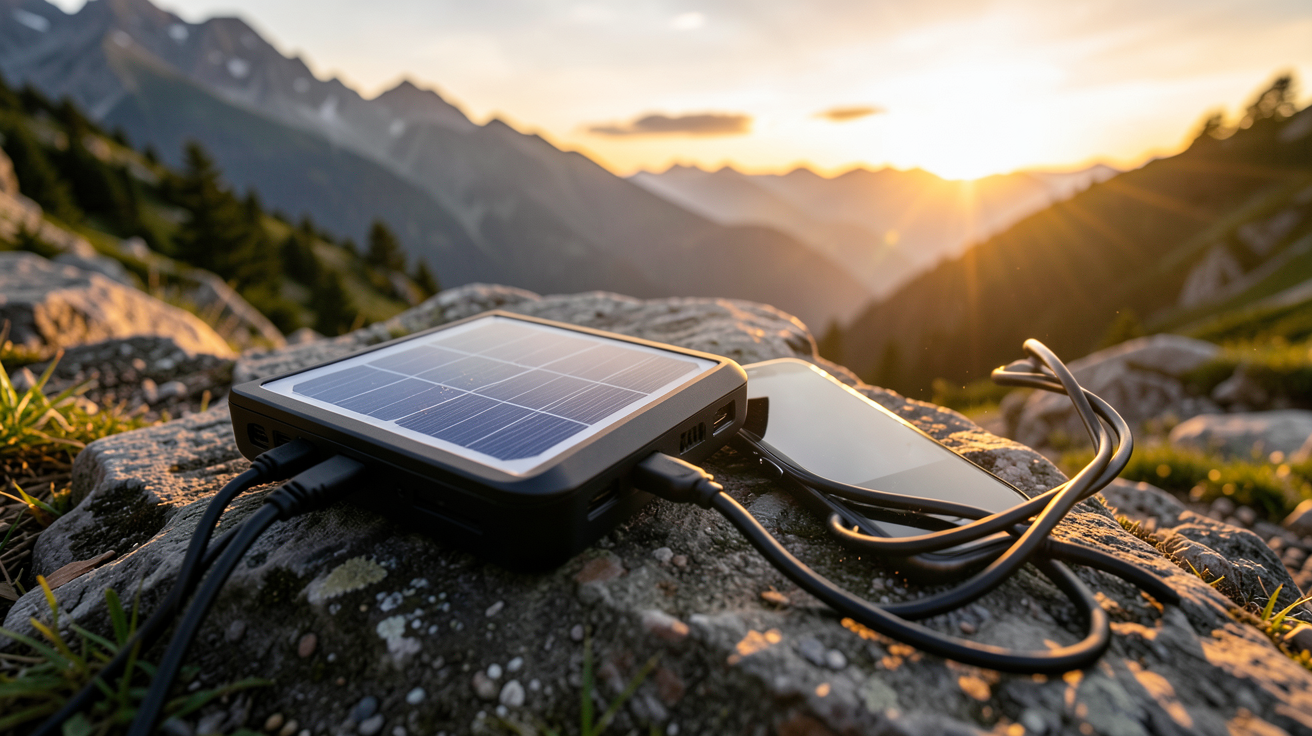 chargeur portable solaire utilisé lors d'un camping en montagne pour recharger un smartphone