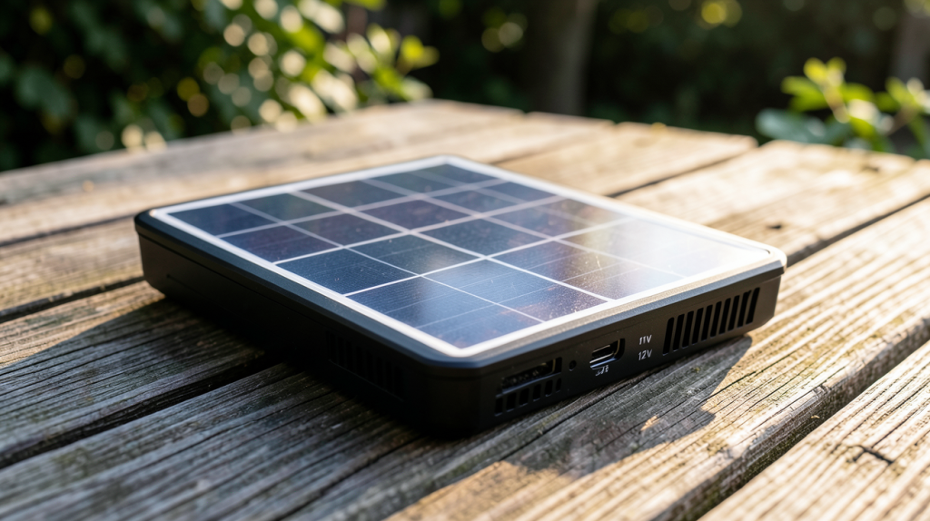 chargeur solaire 12v branché sur une batterie de camping-car sous un ciel ensoleillé