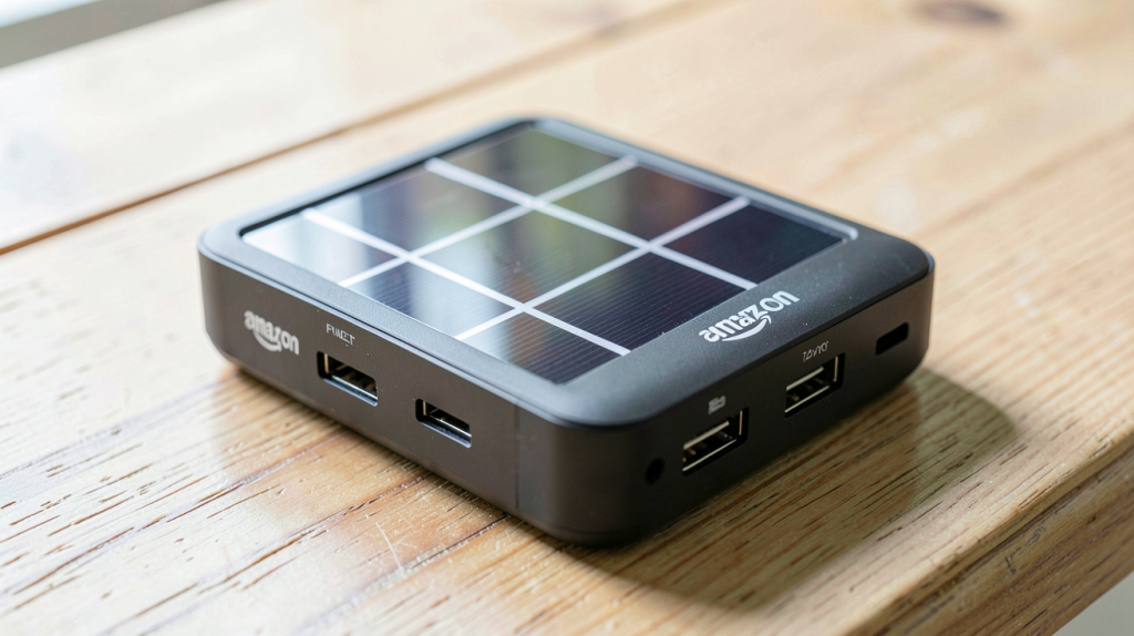 chargeur solaire Amazon ultra-portable posé sur une surface en bois clair