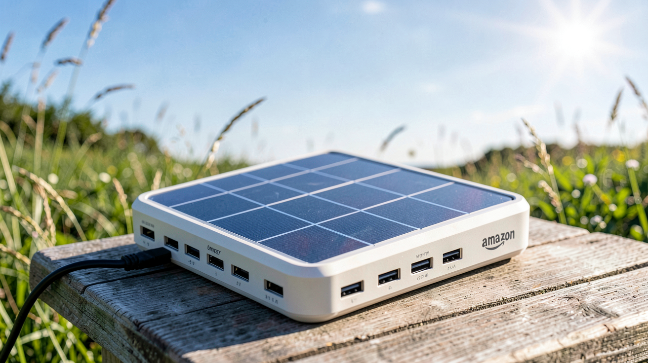 chargeur solaire Amazon posé sur une table en bois extérieur avec des panneaux solaires visibles