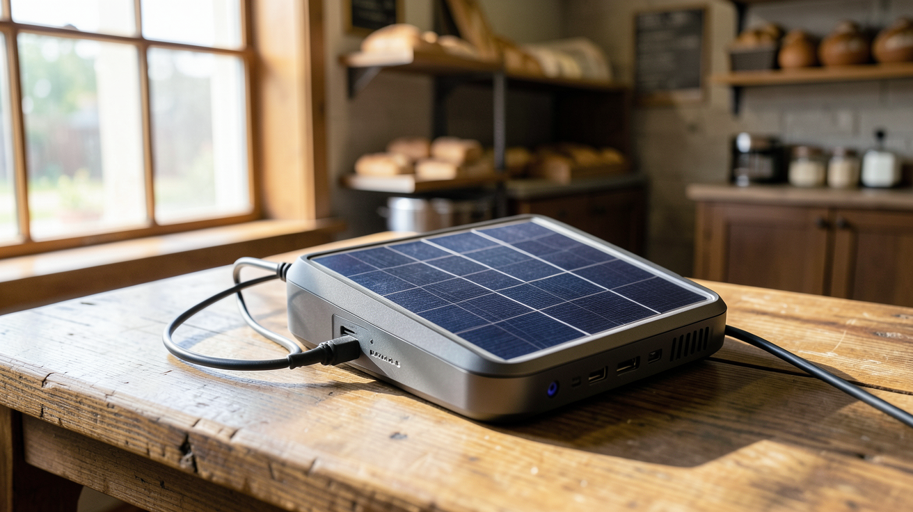 chargeur solaire boulanger expliquant son fonctionnement sur une table en bois dans une boulangerie