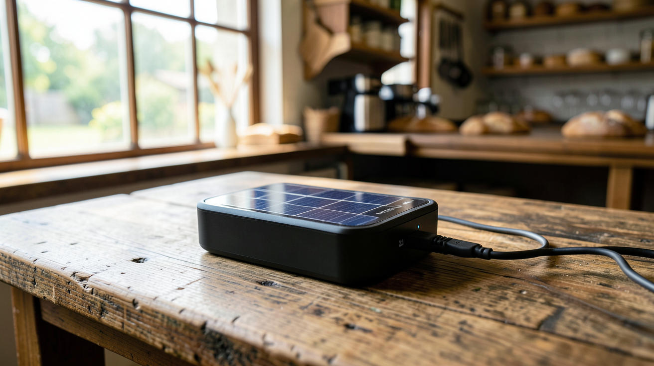 chargeur solaire boulanger posé sur une table en bois dans une boulangerie artisanale