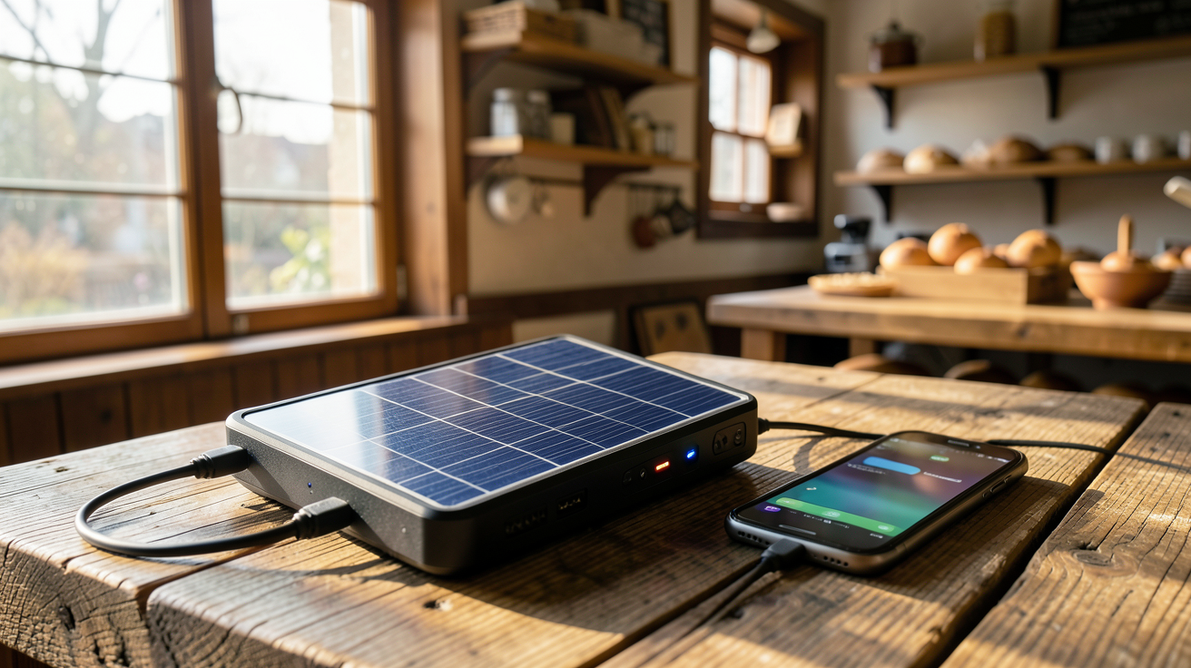 chargeur solaire boulanger utilisé sur une table en bois dans une boulangerie artisanale