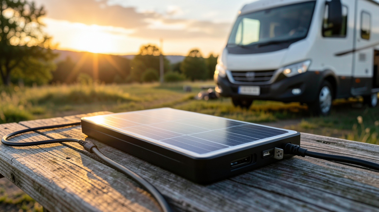 chargeur solaire camping posé sur une table à côté d'un camping-car moderne pour une autonomie énergétique