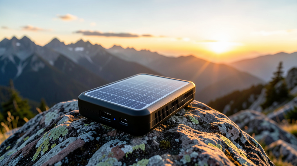 chargeur solaire camping posé sur un rocher avec un paysage de montagne en arrière-plan