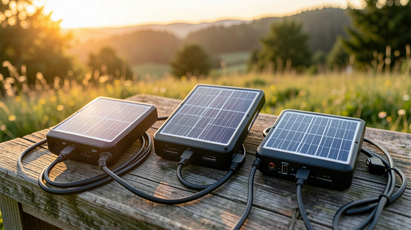chargeur solaire camping présentant différents types de chargeurs solaires disposés sur une table en bois