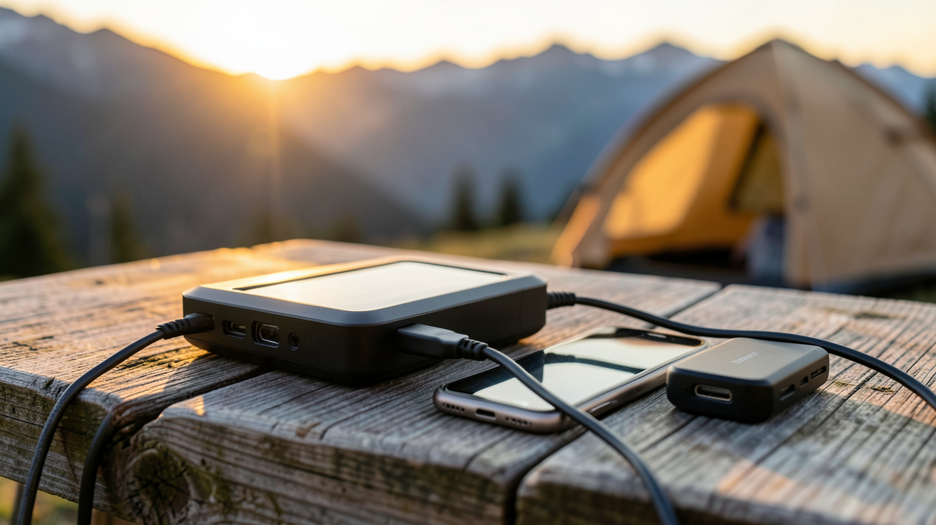 chargeur solaire camping utilisé pour recharger un smartphone en extérieur
