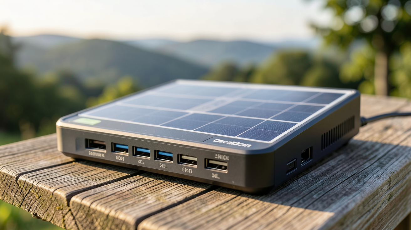 chargeur solaire Decathlon posé sur une table en bois extérieur avec des panneaux photovoltaïques visibles