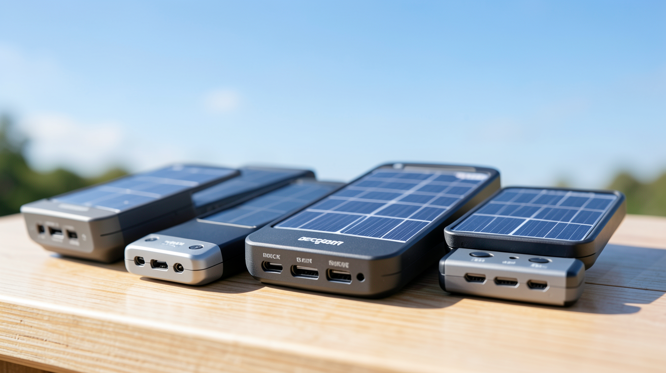 chargeur solaire Decathlon différents types disposés sur une surface en bois clair sous un ciel bleu dégagé
