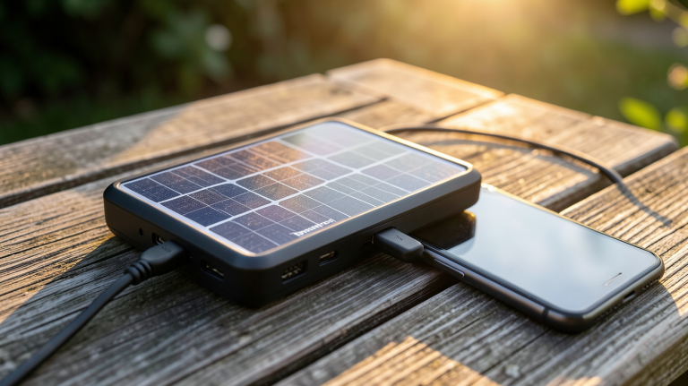 chargeur solaire Decathlon posé sur une table en bois extérieur avec un smartphone en charge