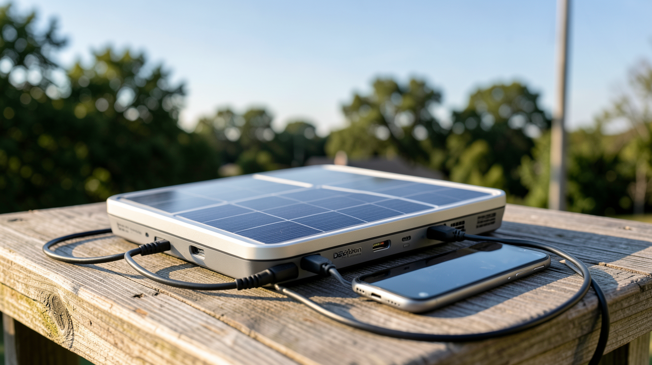 chargeur solaire Decathlon utilisé en extérieur pour recharger un smartphone, lumière naturelle optimale