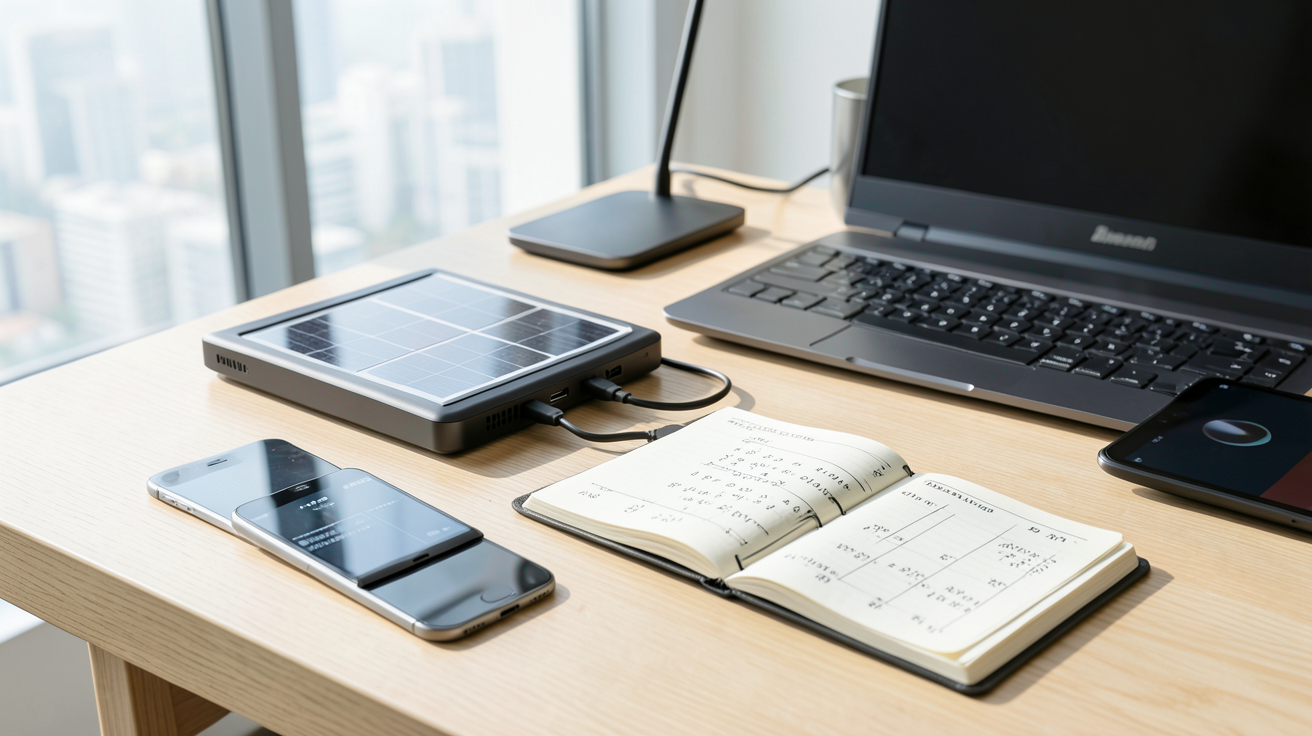 chargeur solaire sur un bureau avec appareils électroniques et calculs de puissance