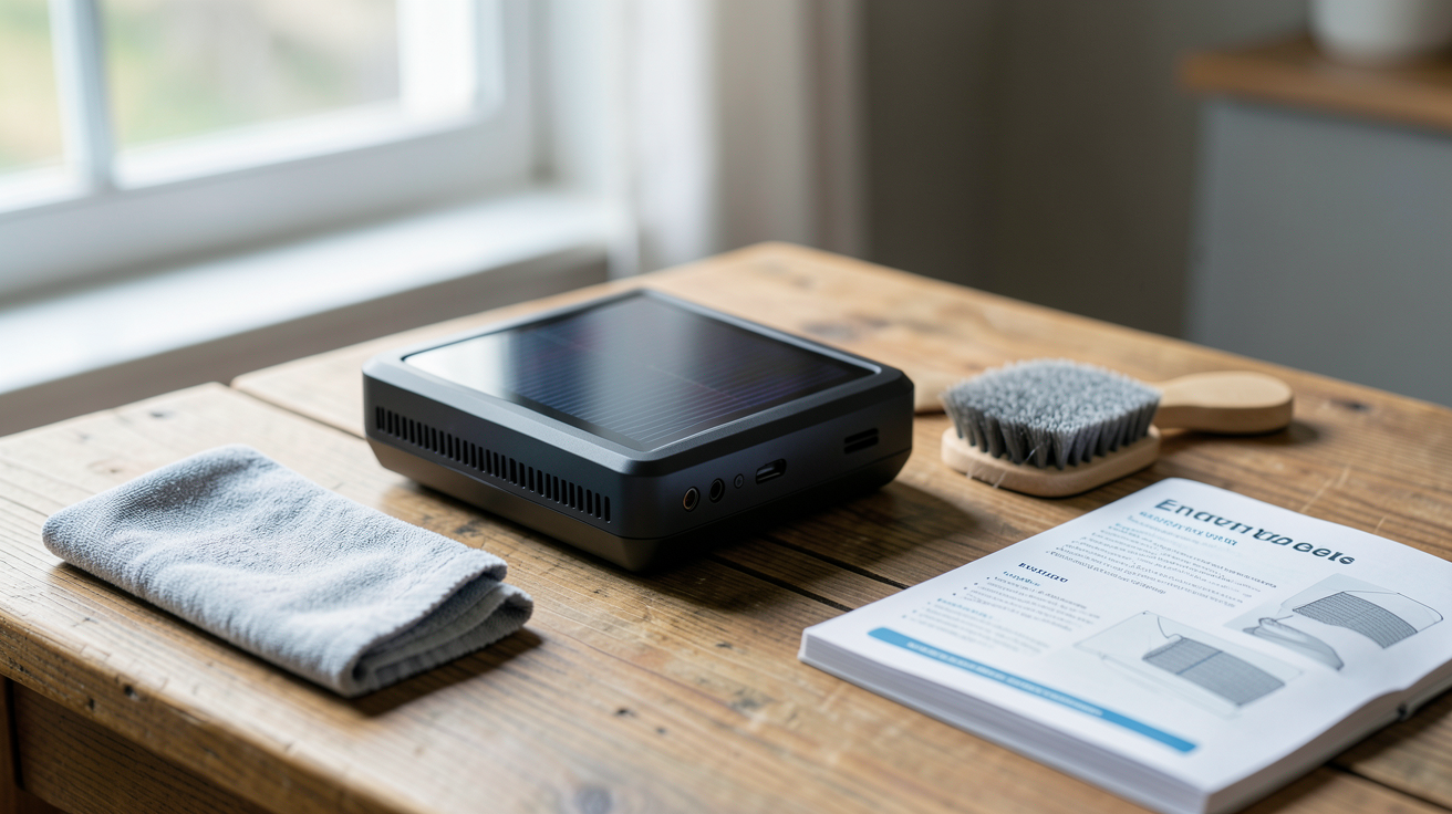 chargeur solaire avec outils d'entretien et manuel posés sur une table en bois