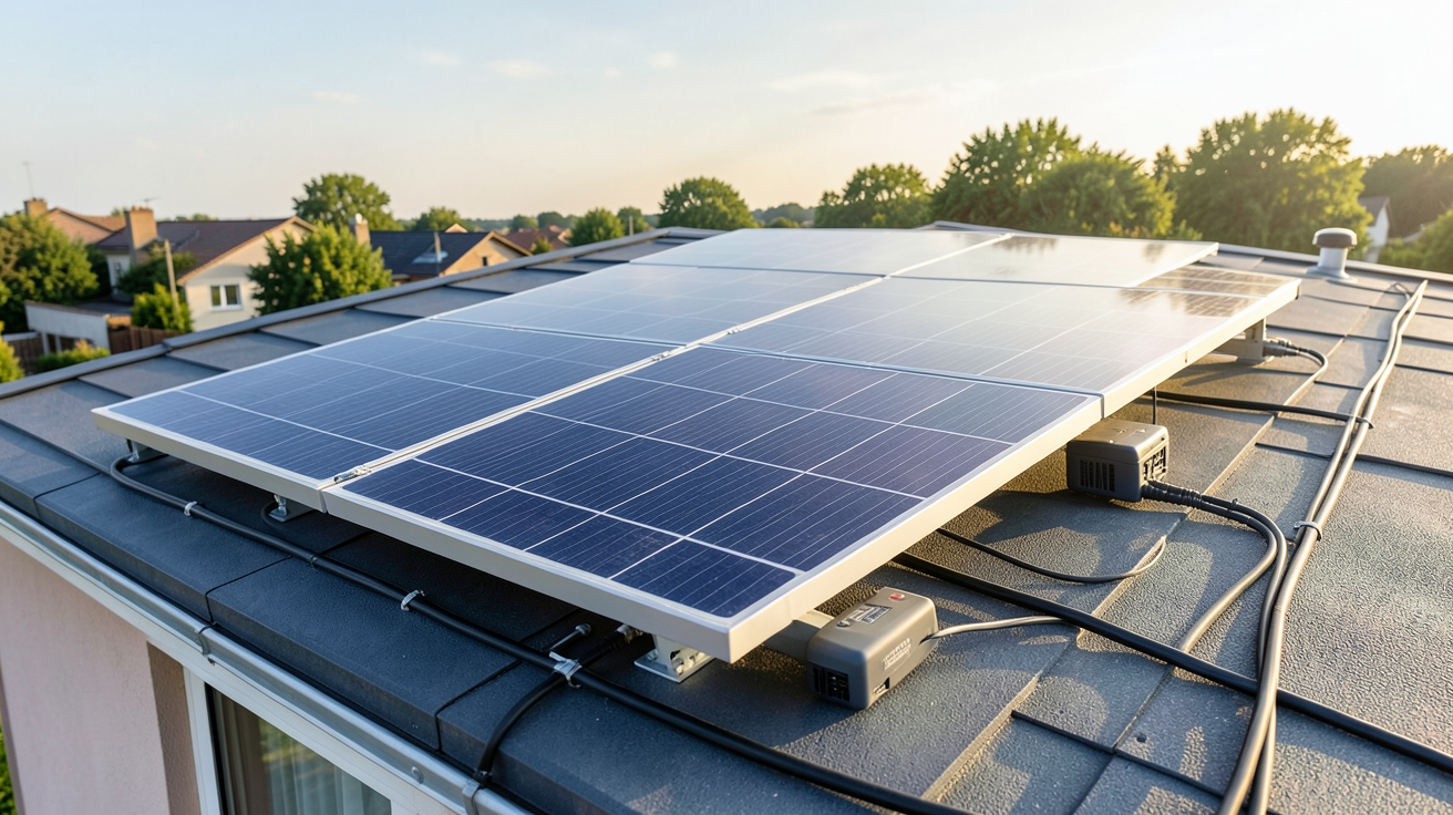 chargeur solaire fixe installé sur le toit d'une maison individuelle avec panneaux photovoltaïques et onduleur