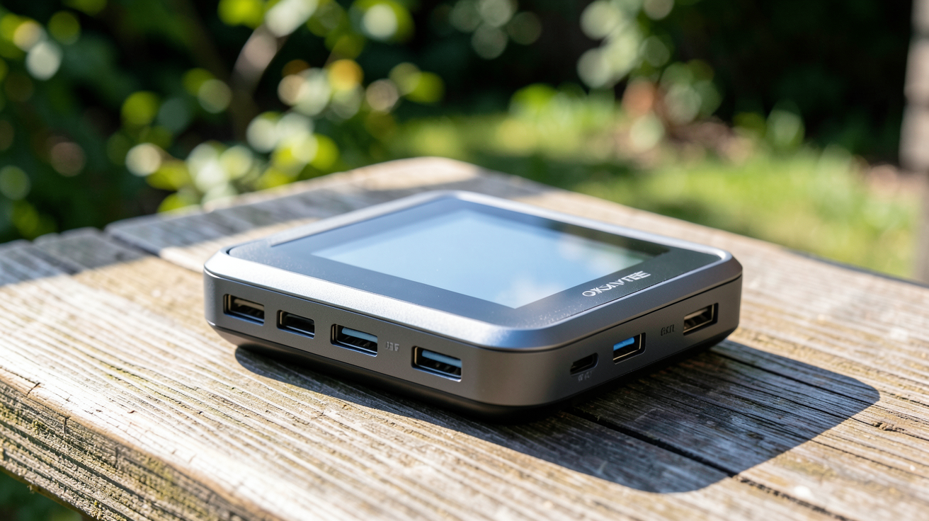 chargeur solaire portable 24000 mah oxsaytee design pratique posé sur une table en bois en extérieur