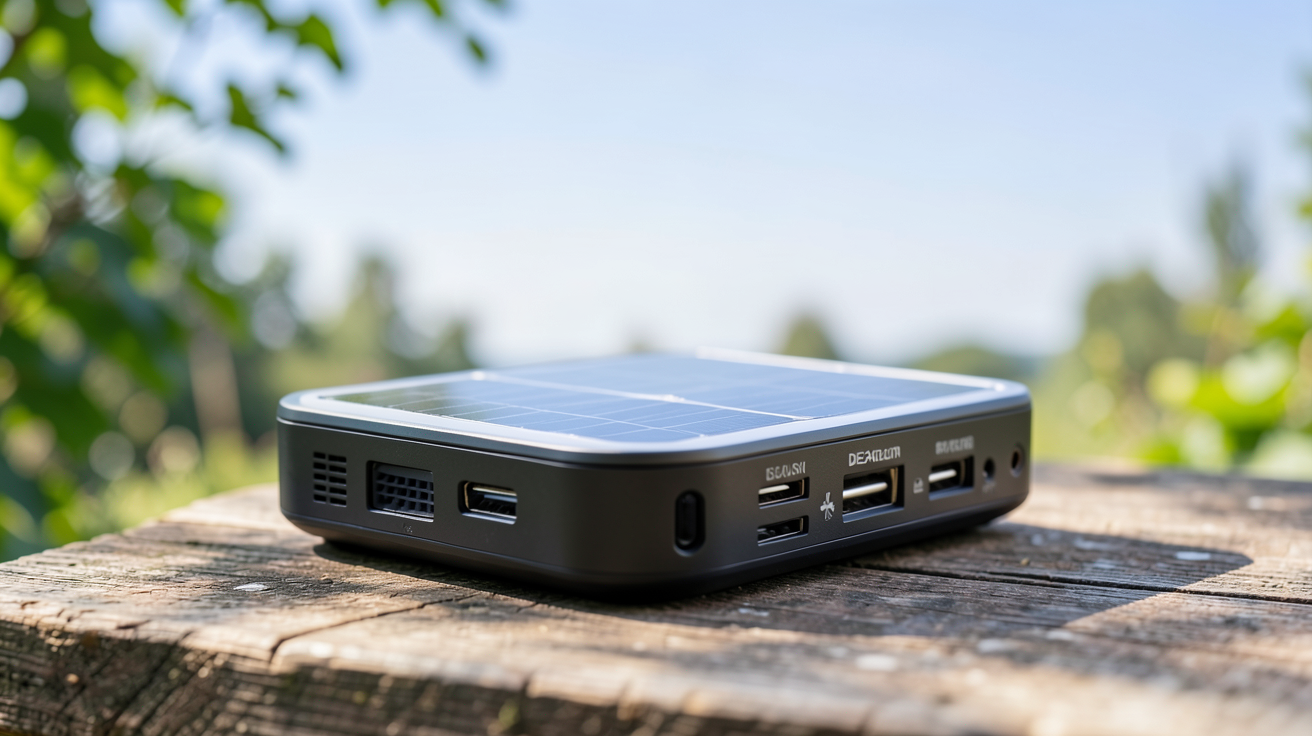 chargeur solaire portable Decathlon posé sur une table en bois en extérieur, utilisé pour recharger un smartphone