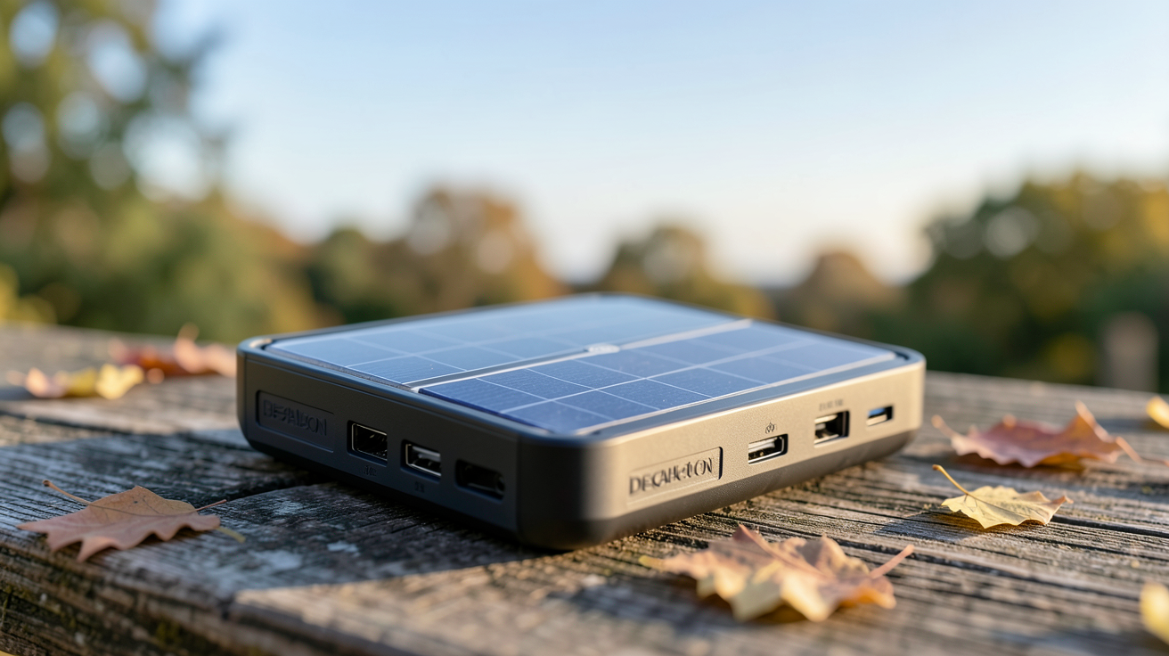 chargeur solaire portable Decathlon posé sur une table en bois extérieur, idéal pour recharger des appareils en déplacement