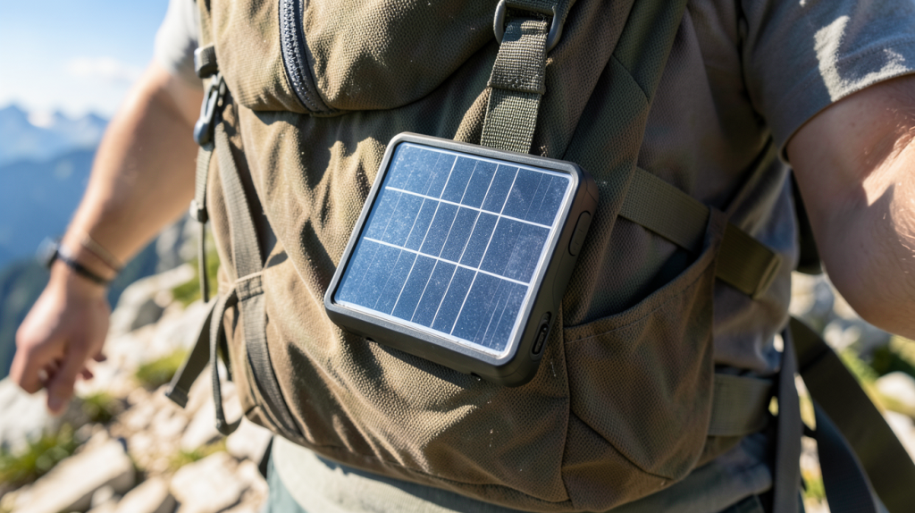 chargeur solaire portable decathlon fixé sur un sac à dos de randonneur en pleine nature